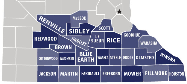 Map of Minnesota counties served by HomeTown Credit Union